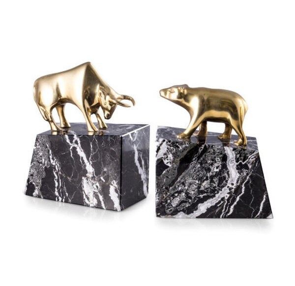 Wall Street Solid Brass Lacquered on Marble Bookends Tarnish Proof